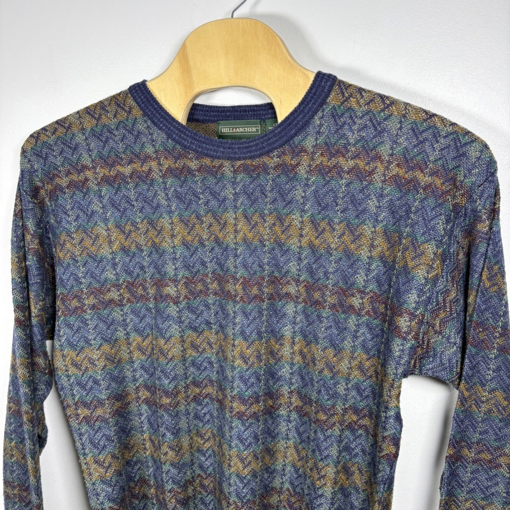 Hill & Archer Mens LT Vintage Geometric Zigzag Knit Crewneck Sweater Navy‎ Blue